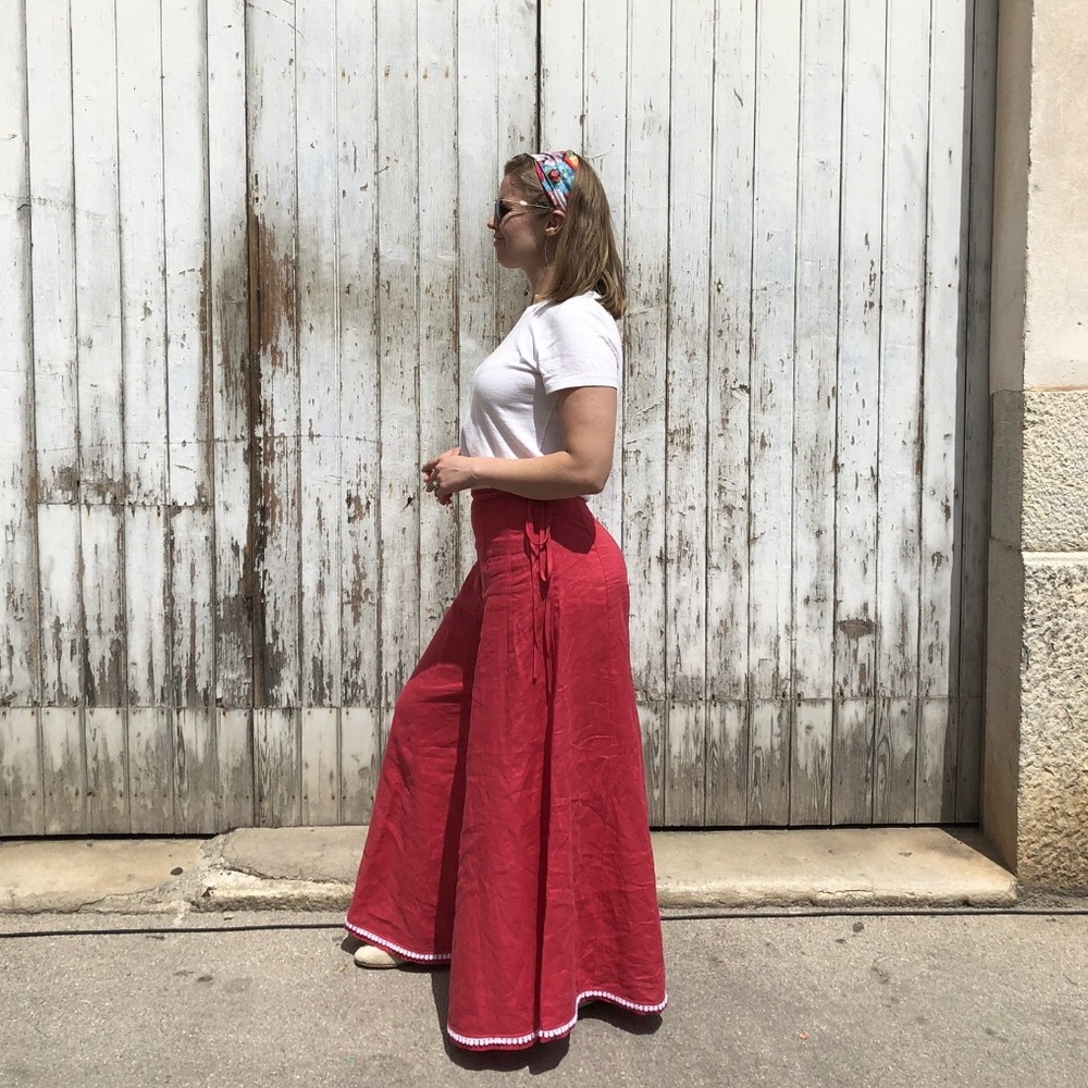 NWT Morning at the Market fuchsia palazzo linen pants, cute trim at hem sz Large